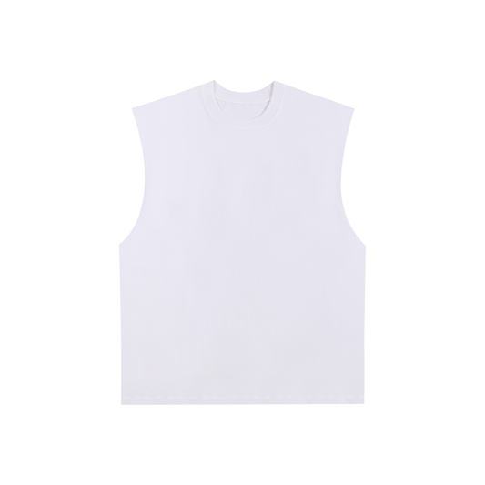 Flat lay of sustainable 230 GSM Future-Homme made-to-order activewear raw edge tank top in white frontside on a white background