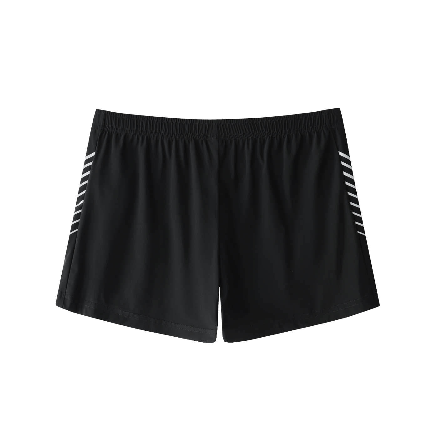 Flat lay of the Future-Homme activewear side stipe performance shorts sustainable in black with white stripes backside on a white background.