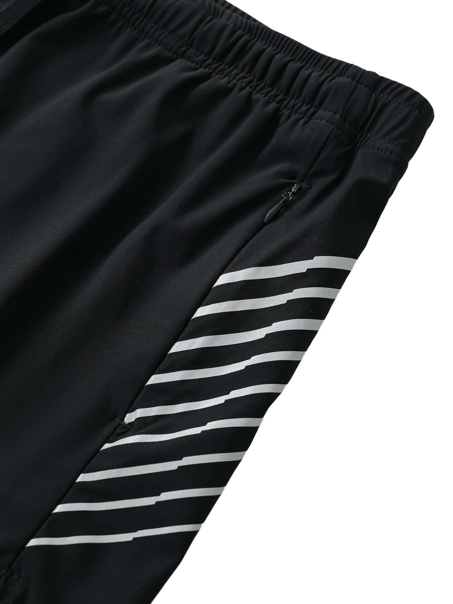 Flat lay of the Future-Homme activewear side stipe performance shorts sustainable in black with white stripes left side pocket on a white background.