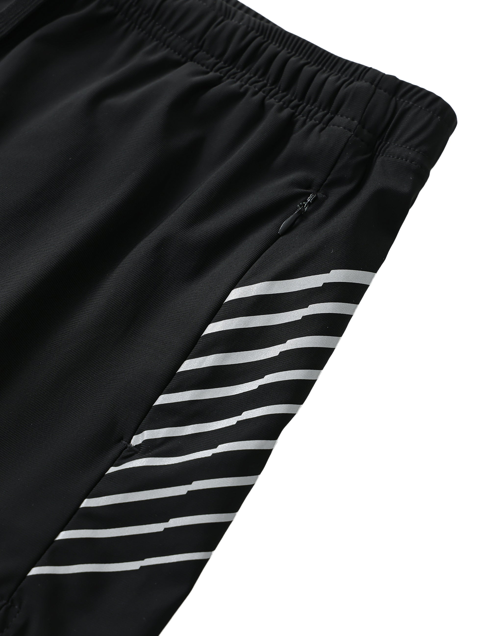 Flat lay of the Future-Homme activewear side stipe performance shorts sustainable in black with white stripes left side pocket on a white background.