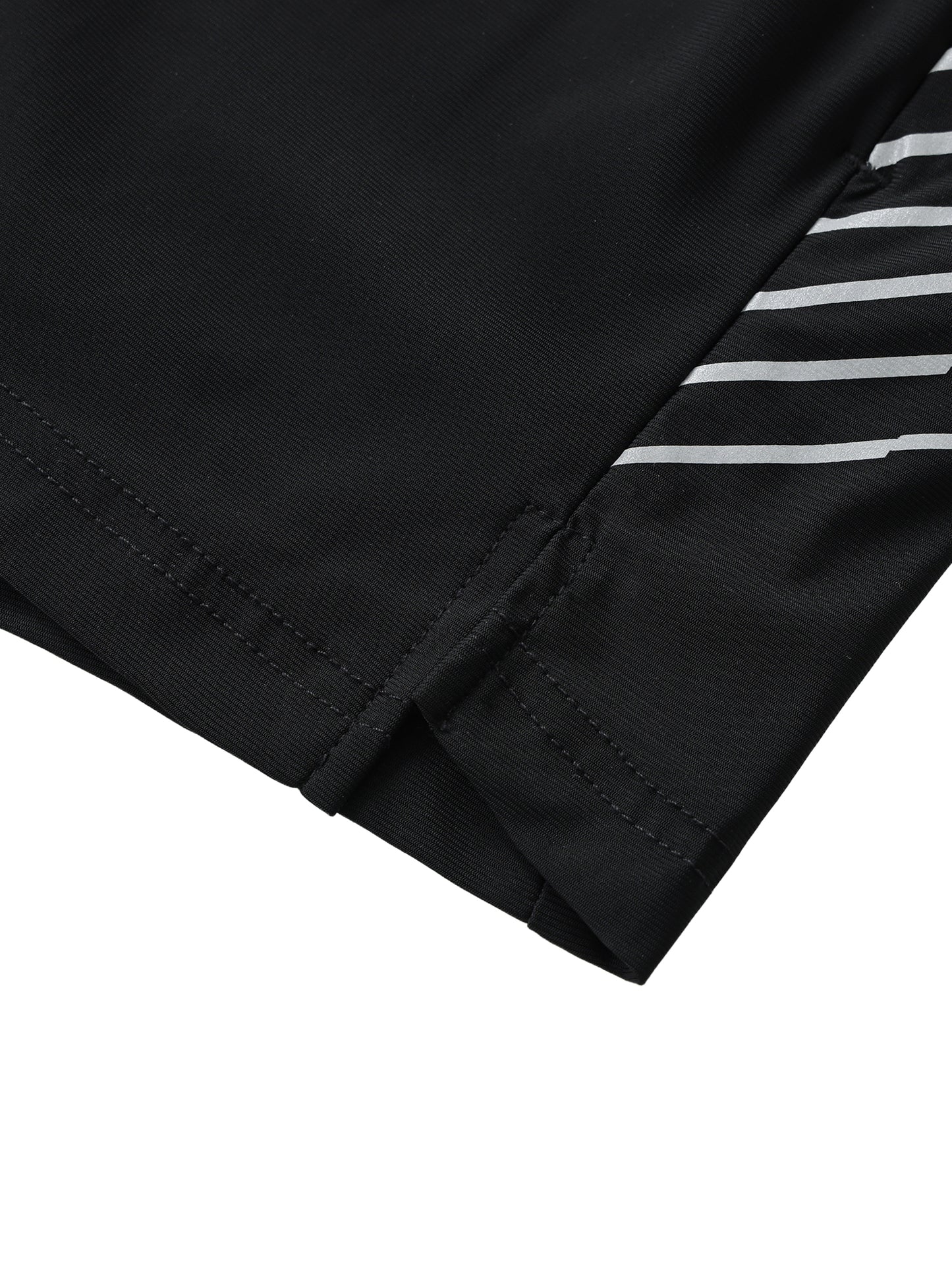 Flat lay of the Future-Homme activewear side stipe performance shorts sustainable in black with white stripes frontside side slit on a white background.