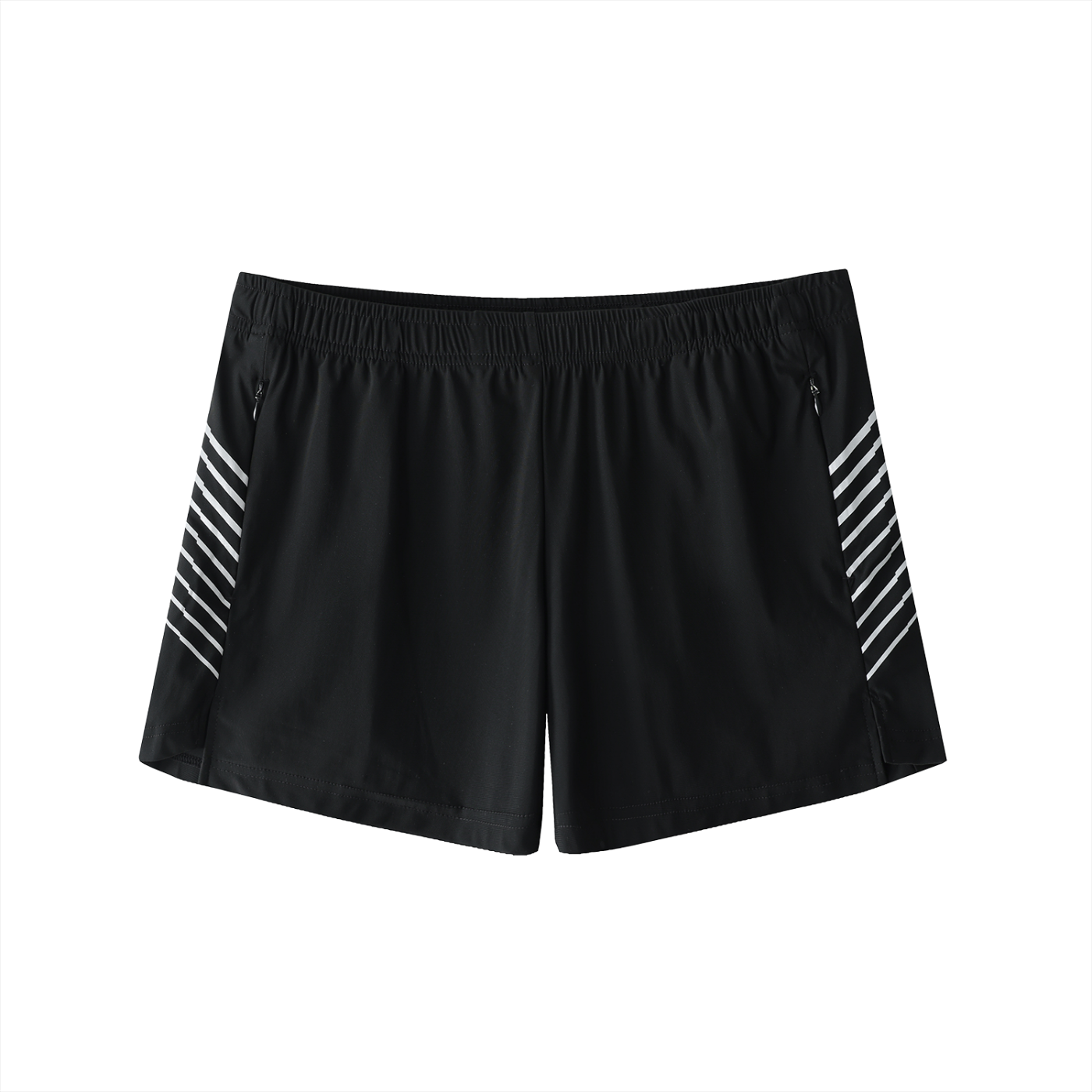 Flat lay of the Future-Homme activewear side stipe performance shorts sustainable in black with white stripes frontside on a white background.