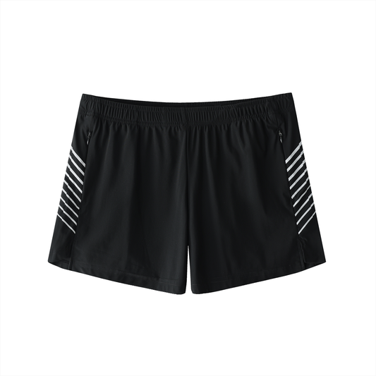 Flat lay of the Future-Homme activewear side stipe performance shorts sustainable in black with white stripes frontside on a white background.