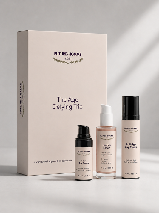 Skincare product set with 'Future-Homme' packaging on a neutral background