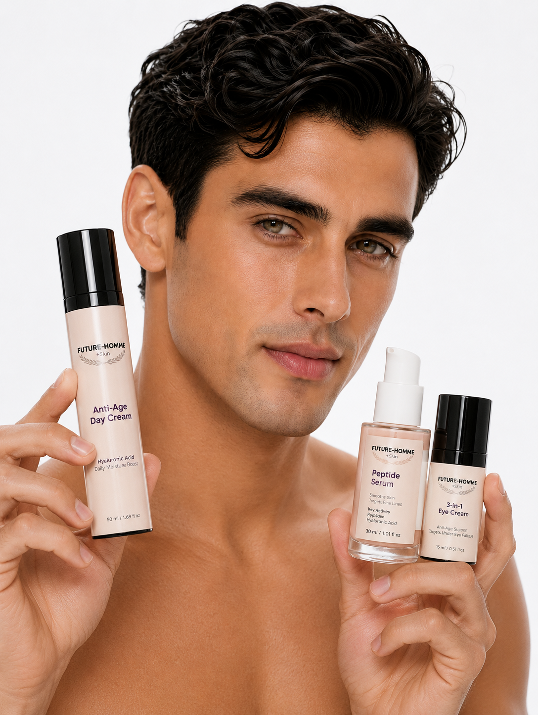 Man holding skincare products with a neutral background