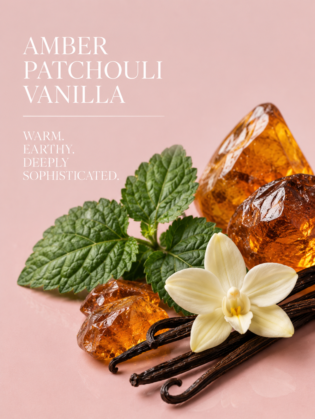 Amber patchouli vanilla with vanilla beans, flowers, and amber crystals on a pink background.