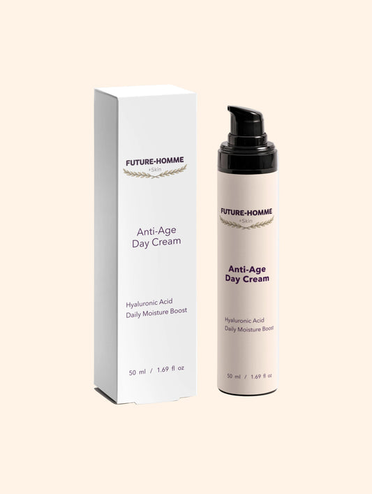 Anti-age day cream with packaging on a white background