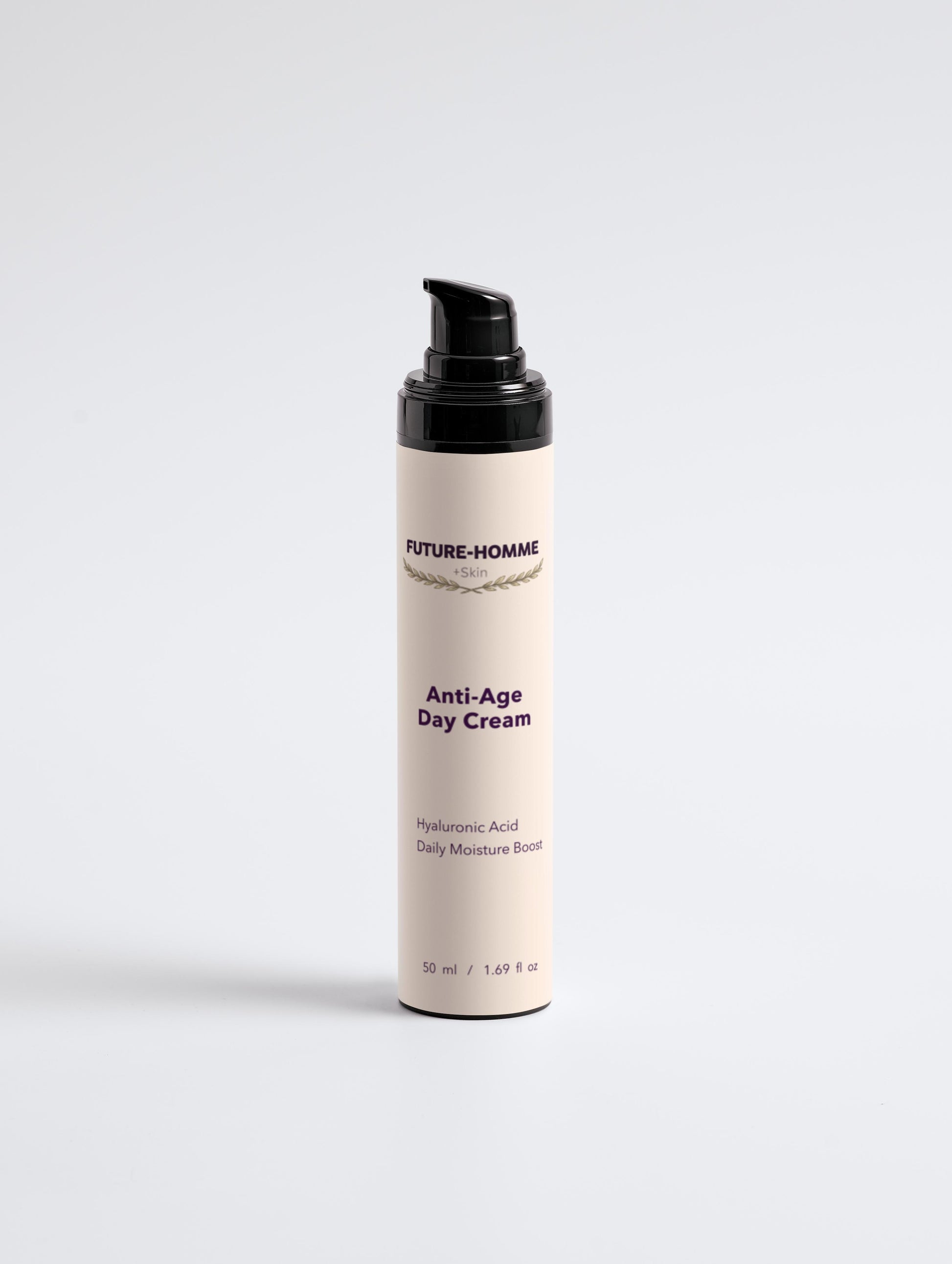 Cream bottle labeled 'Anti-Age Day Cream' by 'Future-Homme' on a white background