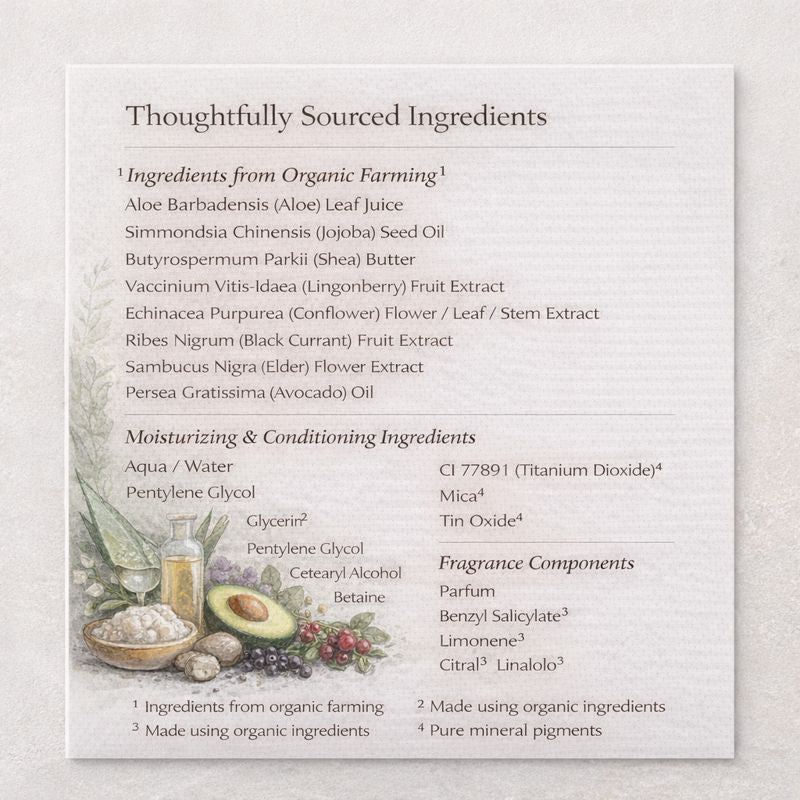 List of ingredients for a skincare product on a textured white background
