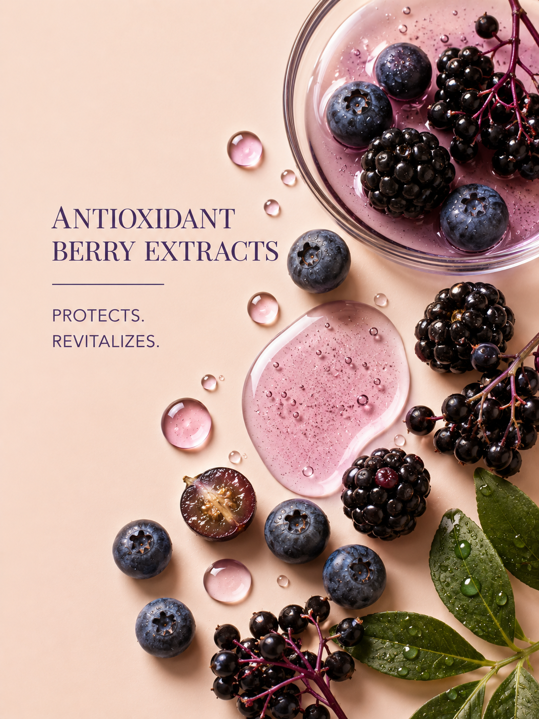 Antioxidant berry extracts with a glass of liquid on a beige background