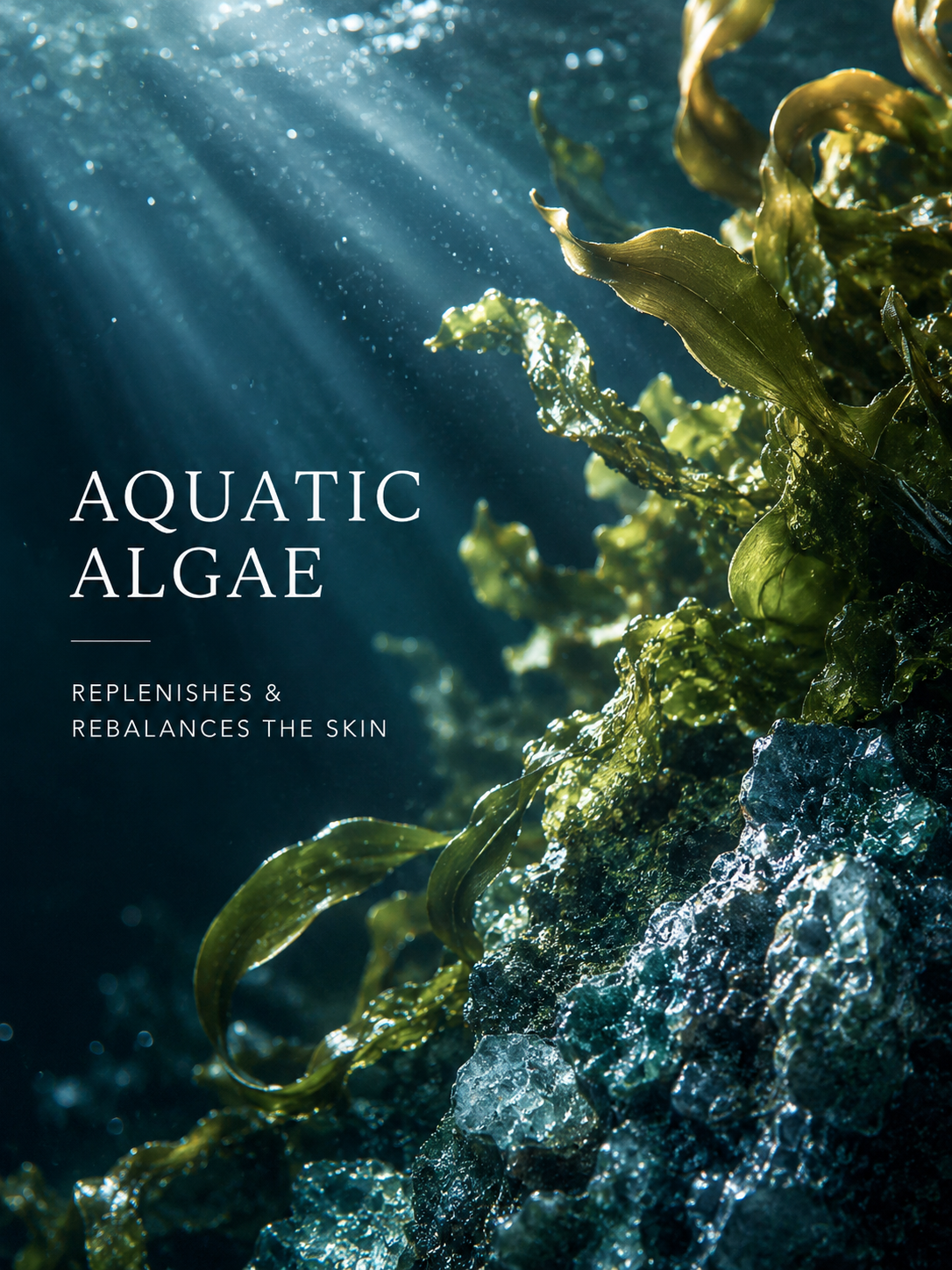 Aquatic algae with sunlight filtering through water, promoting skin health.
