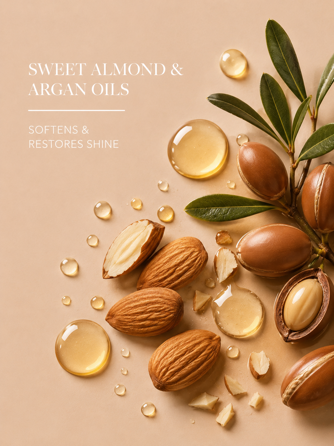 Sweet almond and argan oils with nuts and leaves on a beige background