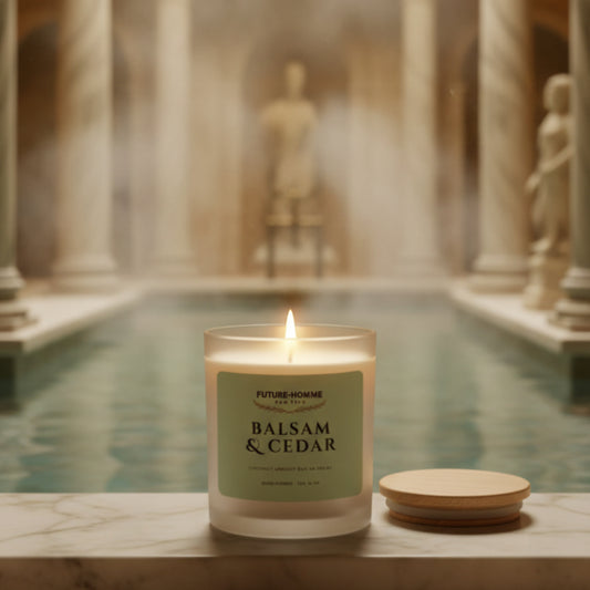 Candle labeled 'Balsam & Cedar' on a marble surface with classical architecture in the background