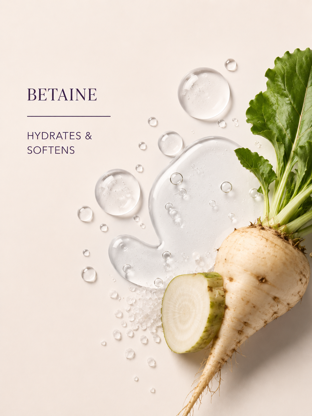 White radish with water droplets on a beige background, featuring the word 'BETAIN'.