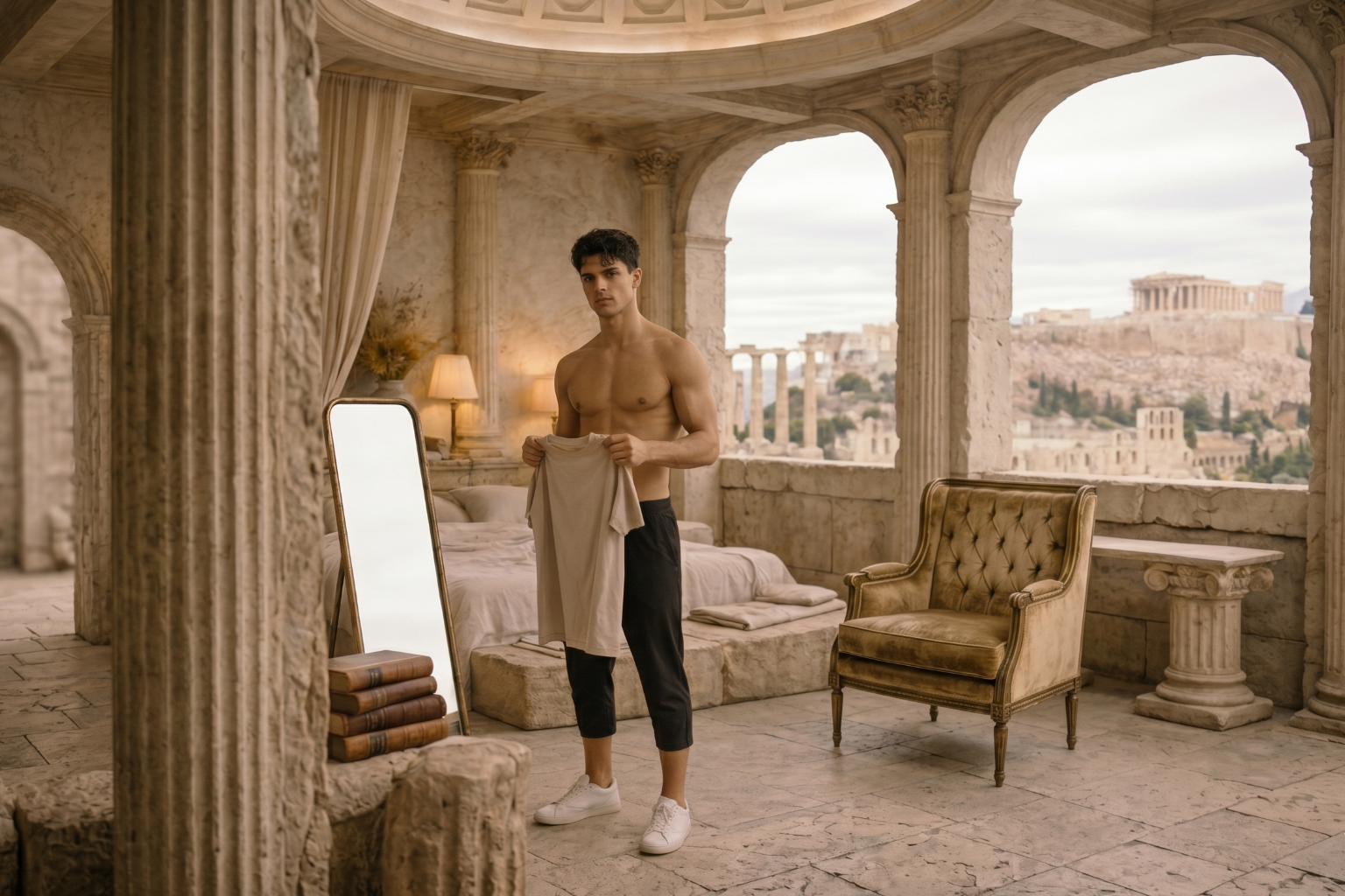 Man standing in a luxurious room with classical architecture and cityscape view.