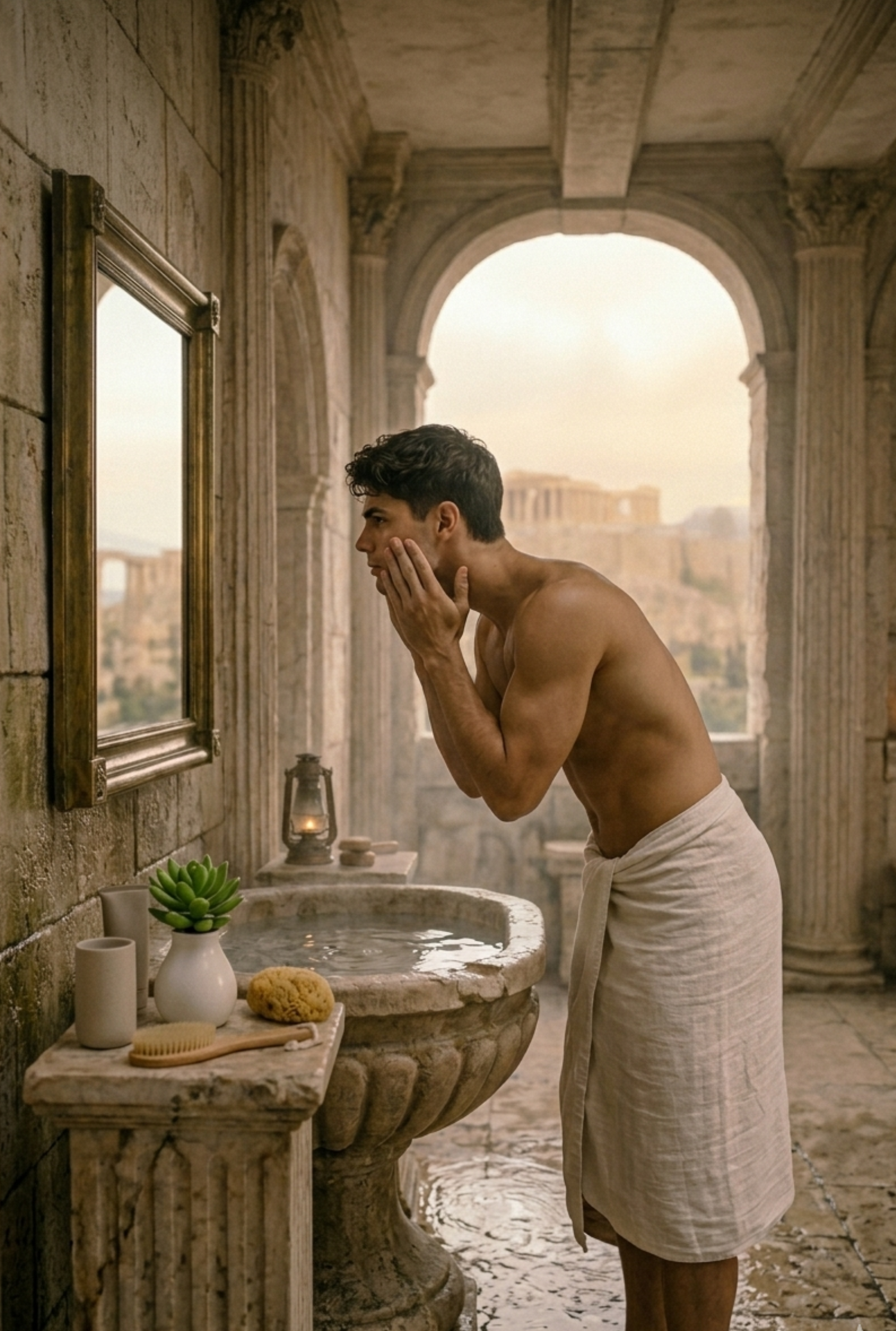 Man standing in a rustic bathroom looking into a mirror.