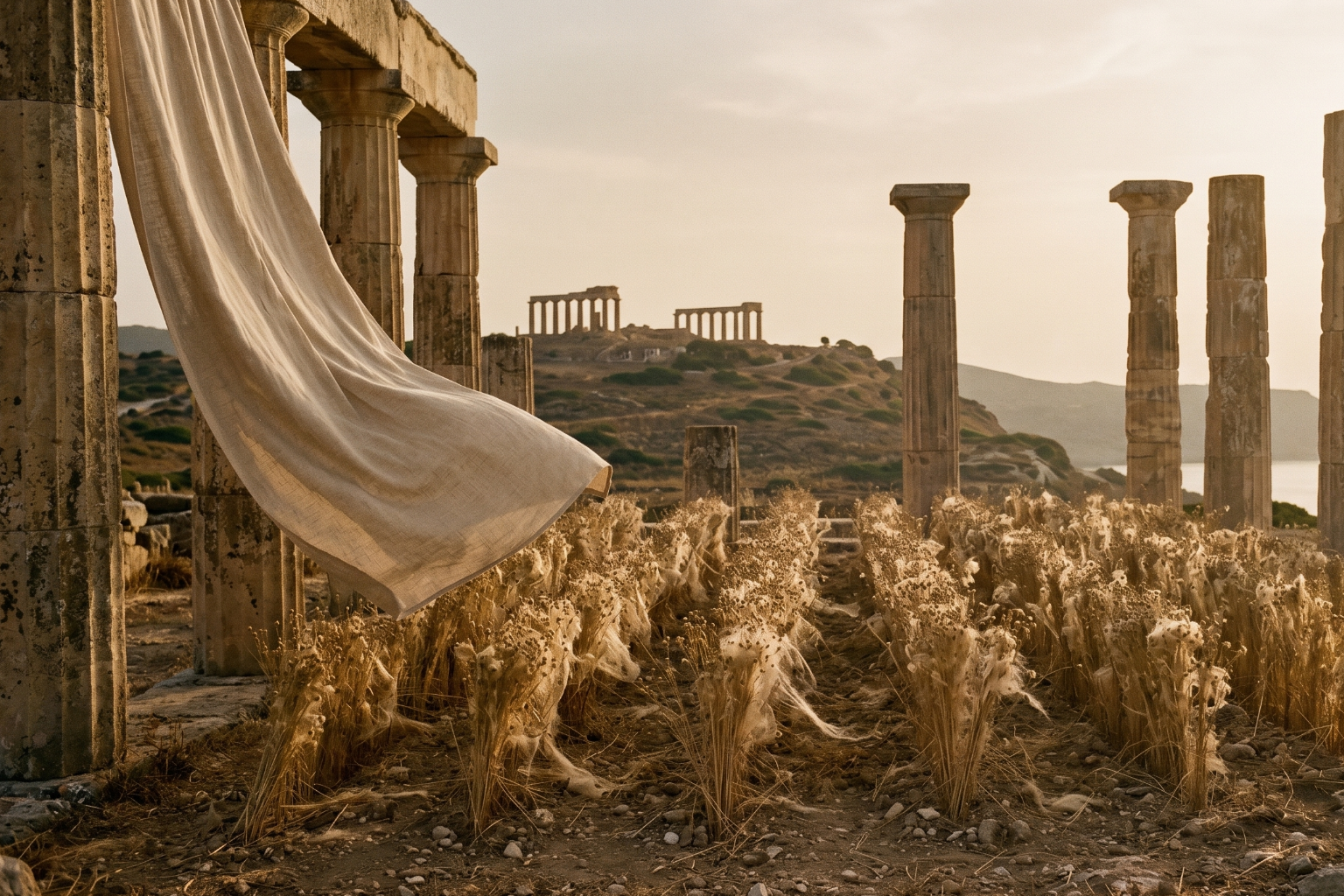 Ancient ruins with draped fabric and wheat field in a scenic location