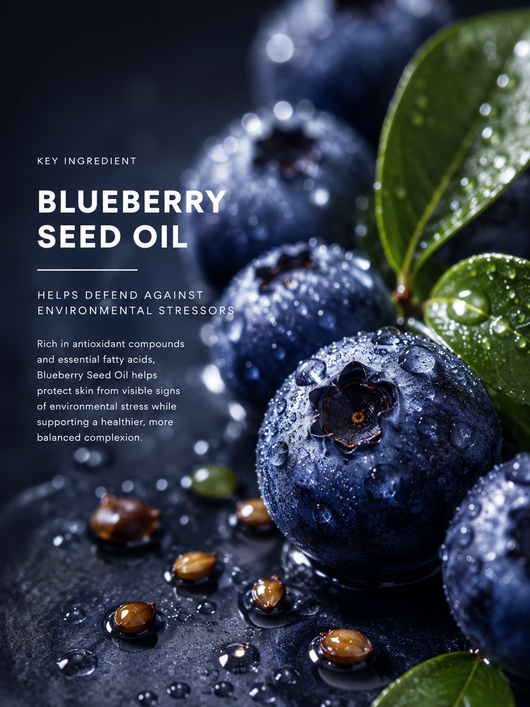 Blueberries with blueberry seed oil droplets on a dark background
