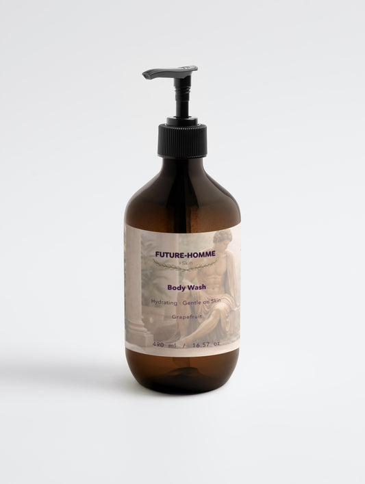 Brown bottle of Future-Homme body wash on a white background