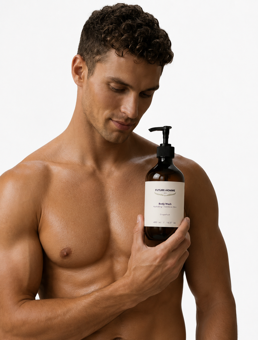 Man holding a bottle of body wash with a neutral background