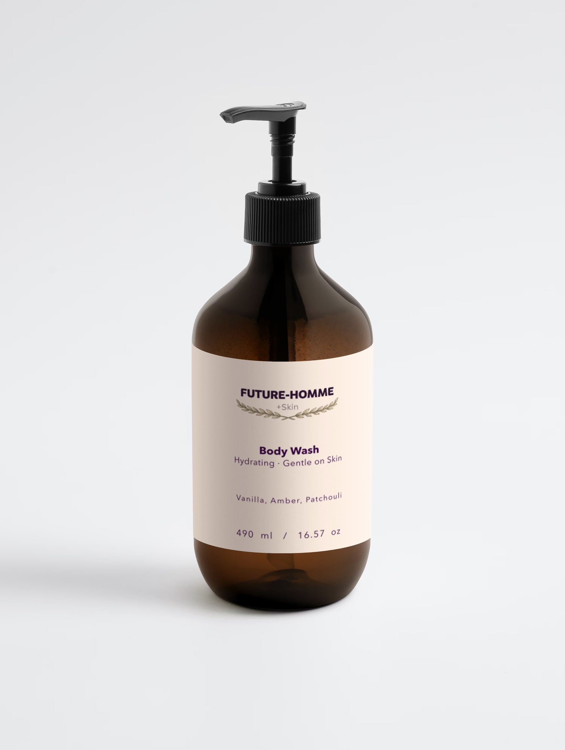 Amber bottle of Future-Homme body wash Vanilla, Amber, Patchouli scented on a white background. 