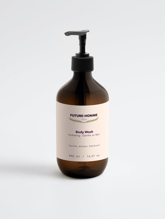 Brown bottle of Rivelle 2-in-1 hair and body wash for men on a white background