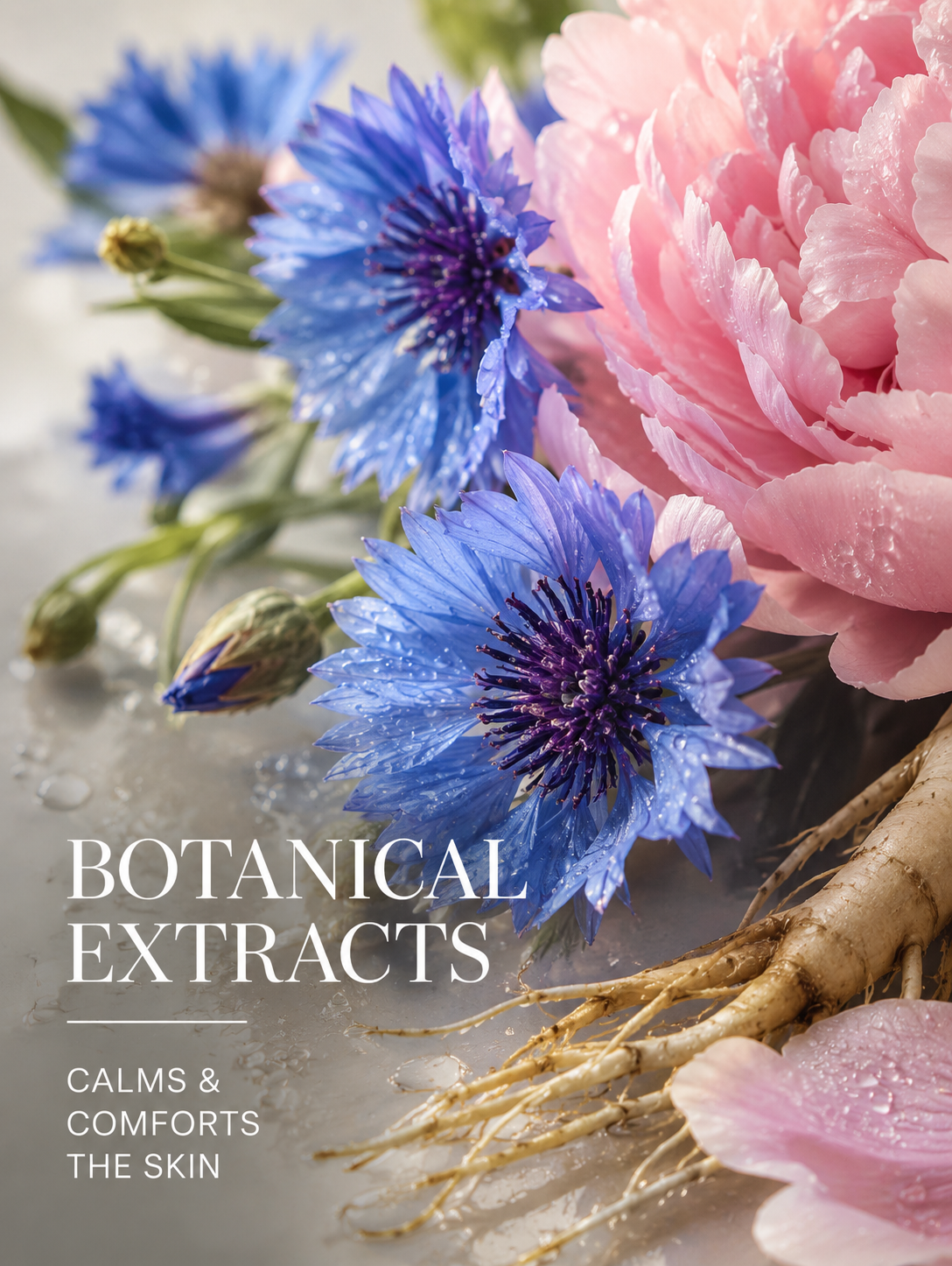 Close-up of blue and pink flowers with roots on a light background, labeled 'Botanical Extracts'.
