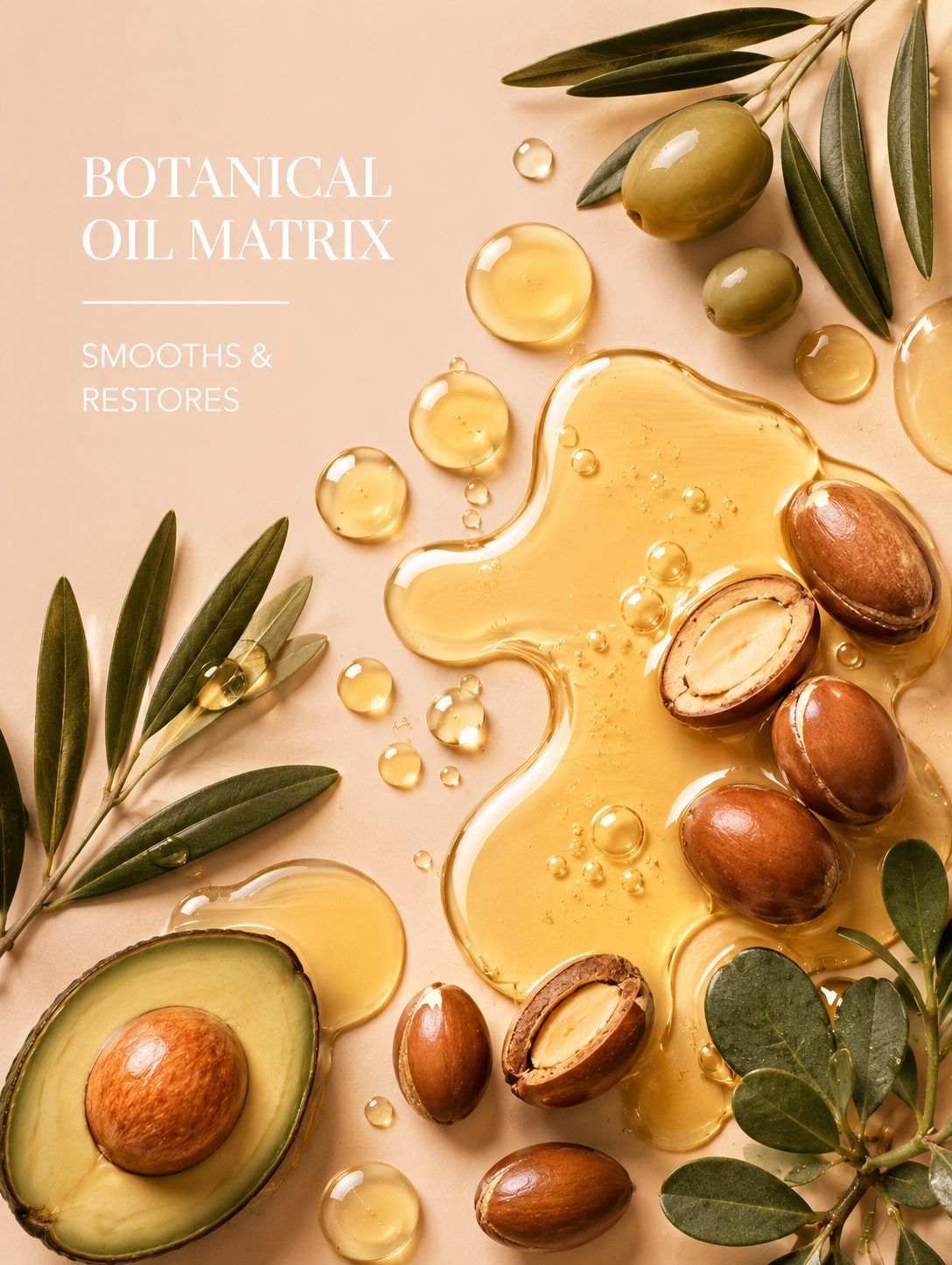 Botanical oil matrix with avocado, nuts, and leaves on a beige background