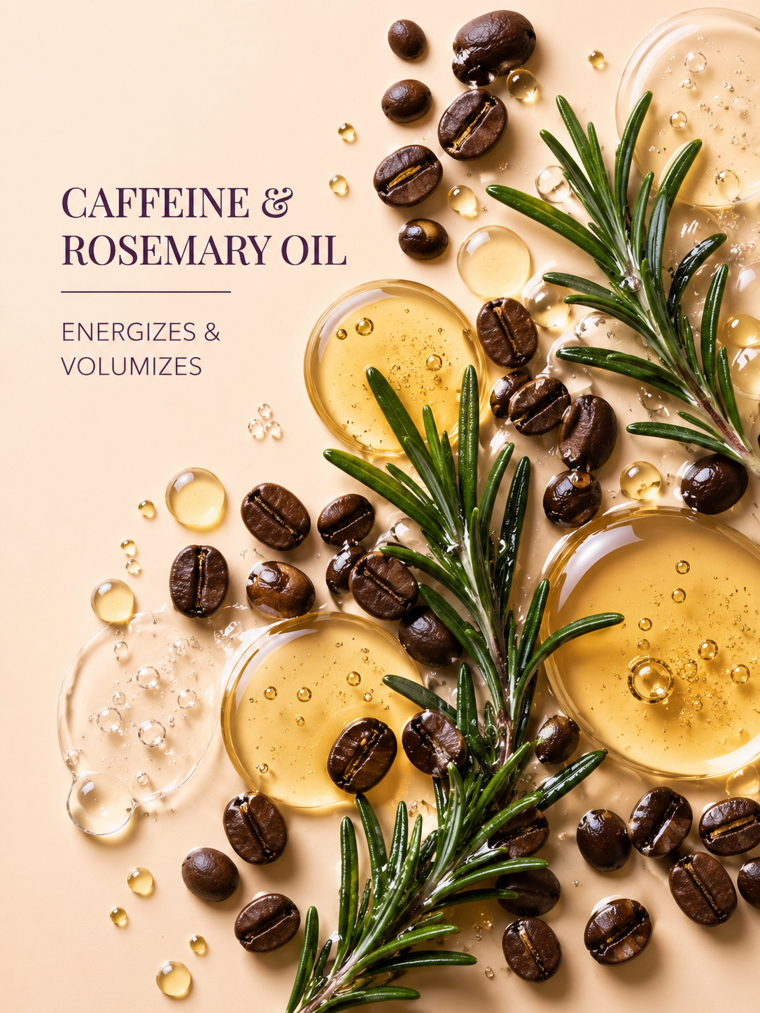 Caffeine and rosemary oil with coffee beans on a beige background