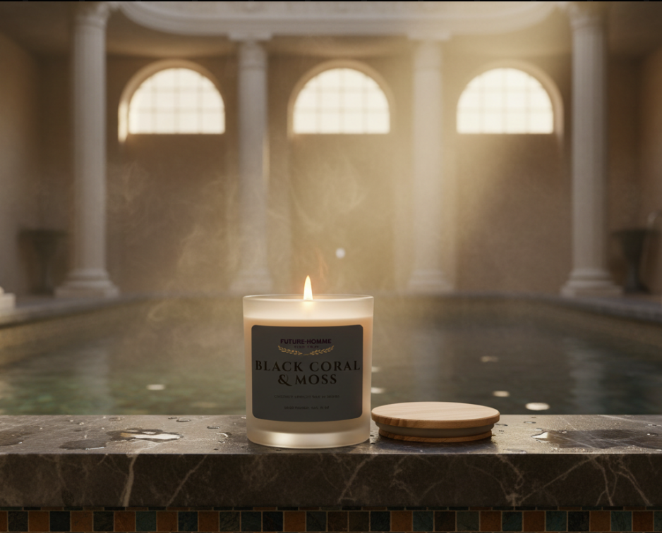A lit Future-Homme candle in a Roman bath house. 
