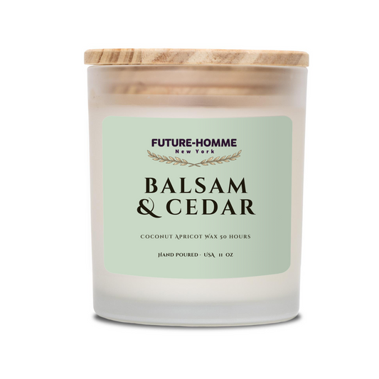 Candle with 'Future-Homme New York' label on a white background