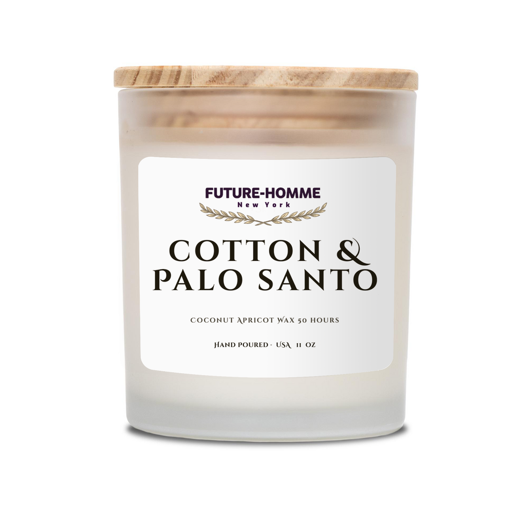 Candle with a wooden lid labeled 'Cotton & Palo Santo' by Future-Homme on a white background