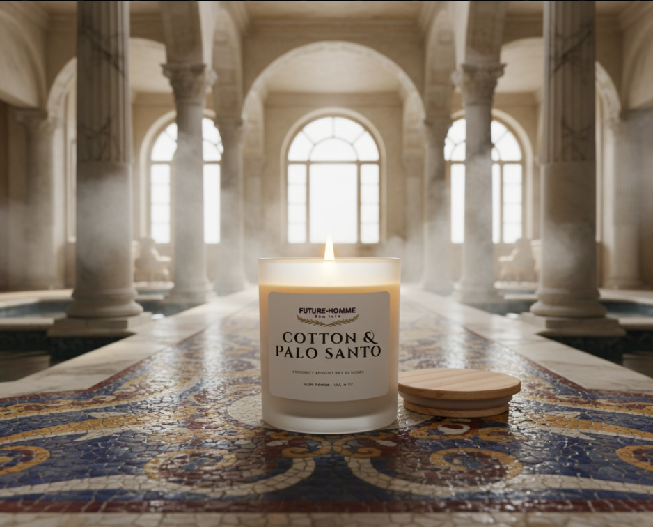 A Future-Homme candle lit in a Roman bath house 