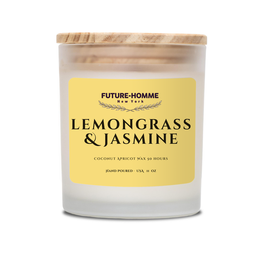 A Future-Homme candle in a frosted glass jar with wood lid of lemongrass and jasmine. 