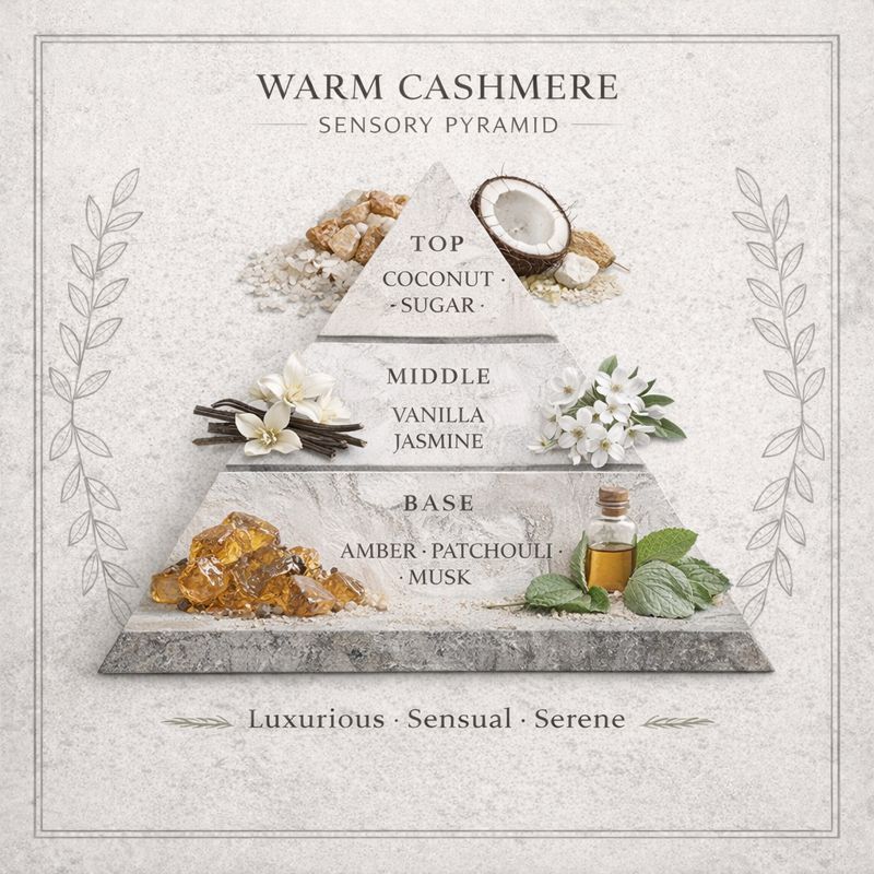 Warm Cashmere pyramid sensory product card. 