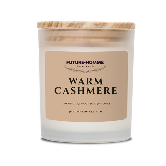 A Future-Homme frosted glass candle scented in Warm Cashmere on a white background 