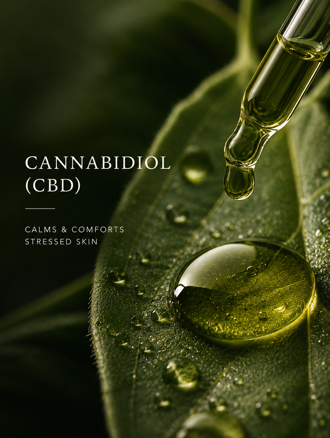 CBD oil dropper with a drop on a leaf, surrounded by green leaves.