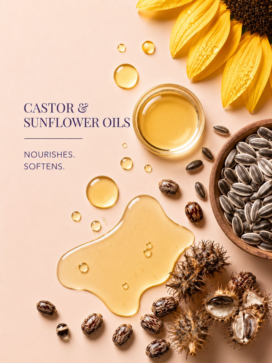 Castor and sunflower oils with seeds and flowers on a beige background