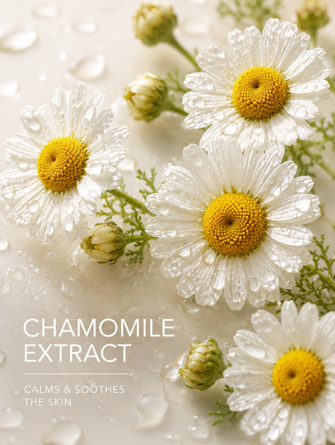 Chamomile flowers with droplets of water on a light background, labeled 'Chamomile Extract'.