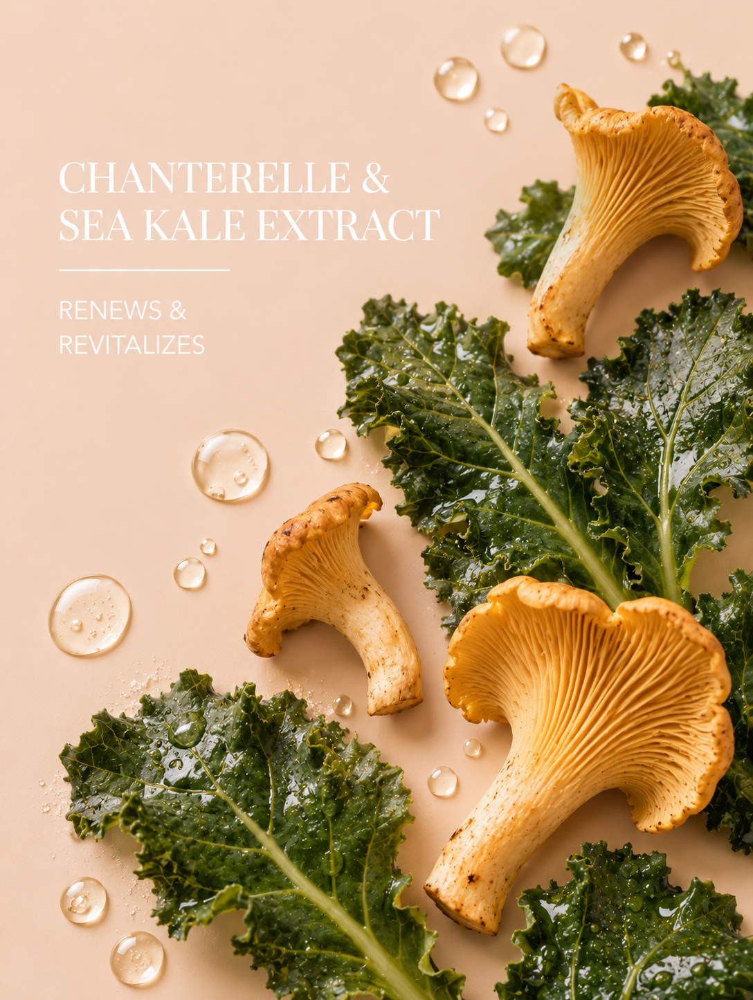 Chanterelle mushrooms and sea kale leaves on a beige background with droplets.