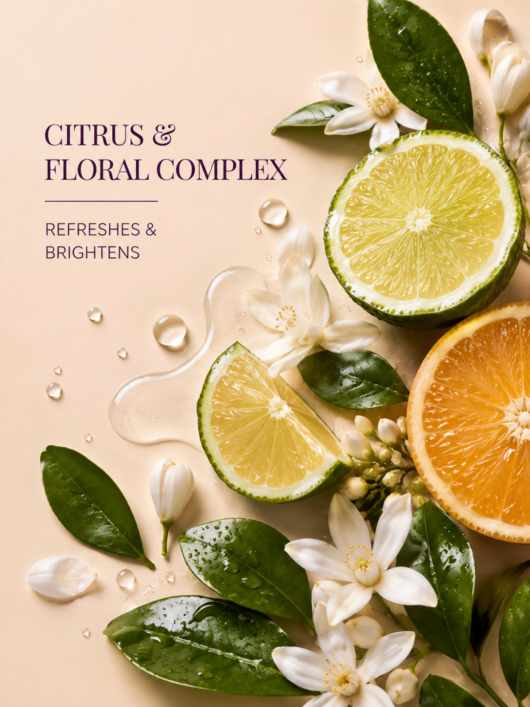 Citrus and floral elements on a beige background with text 'Citrus & Floral Complex'.