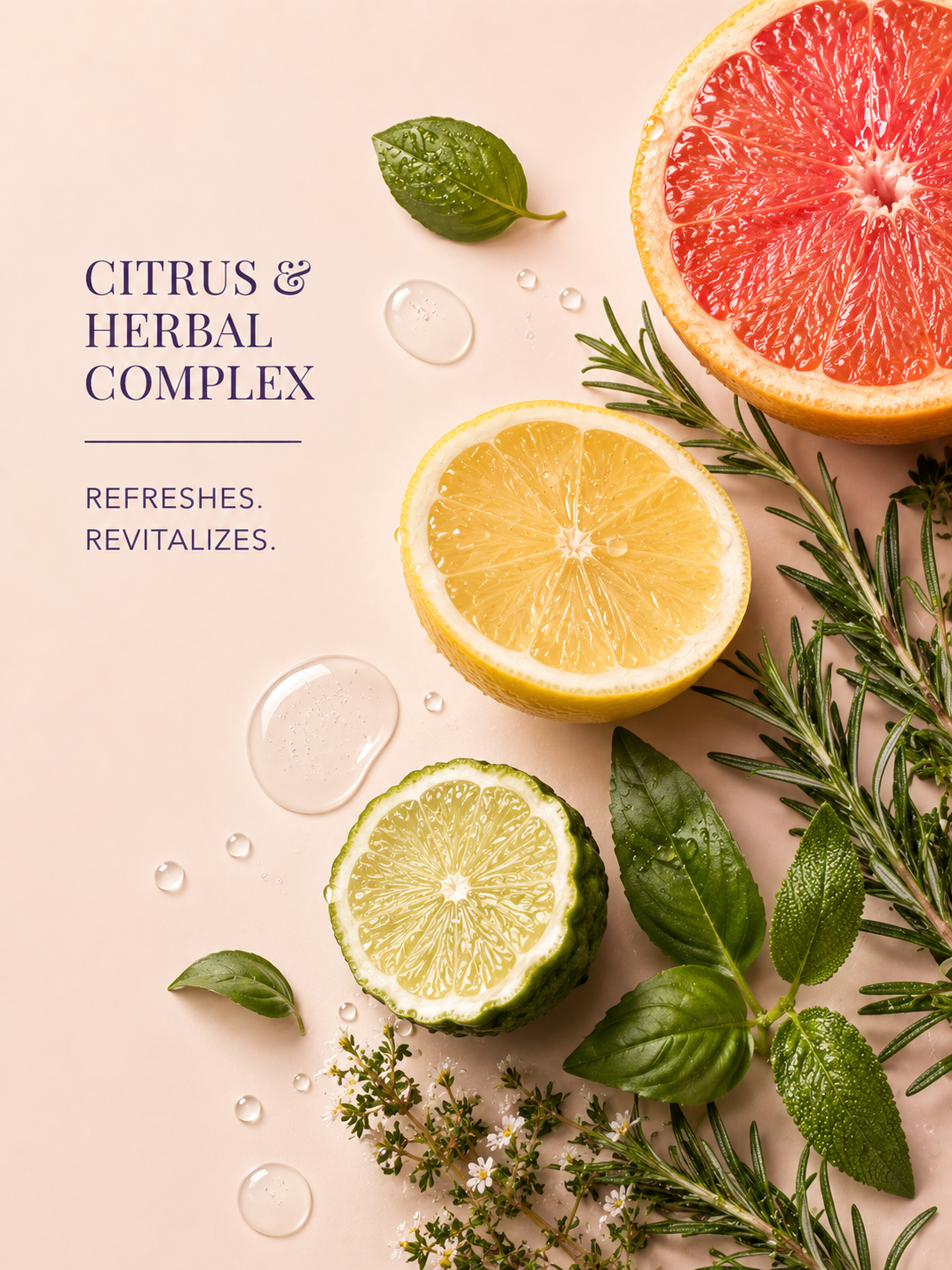 Citrus and herbal elements on a light pink background with text 'Citrus & Herbal Complex'.