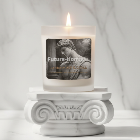 Candle with a label featuring classical sculpture on a white background