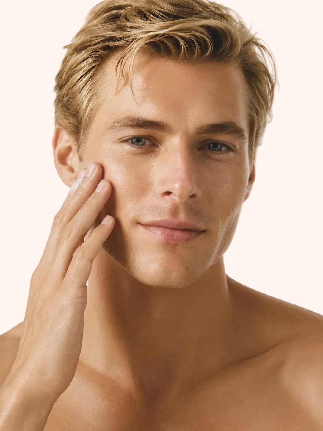 Man with smooth skin touching his face against a white background