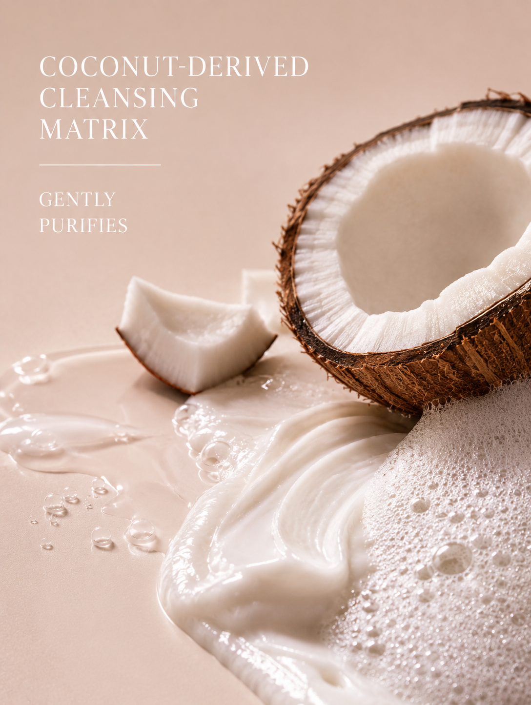 Coconut halves with a coconut-derived cleansing matrix on a light background