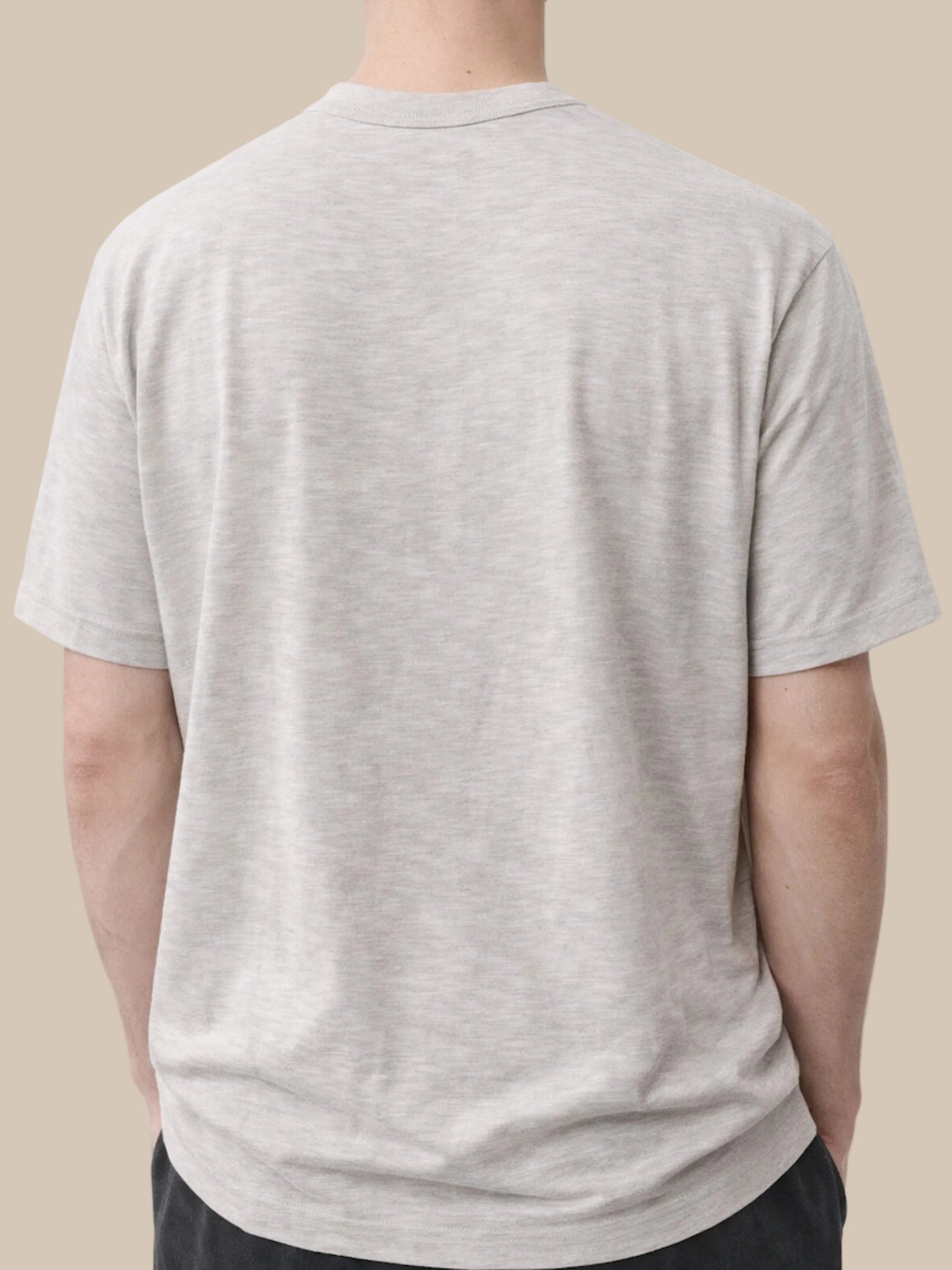 Person wearing a plain gray t-shirt on a white background