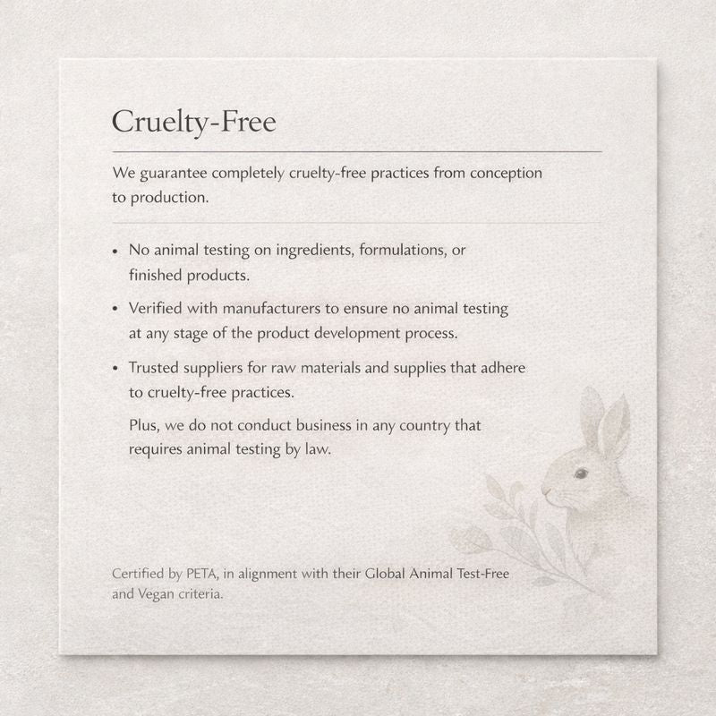 Cruelty-free certification text with a rabbit illustration on a textured background