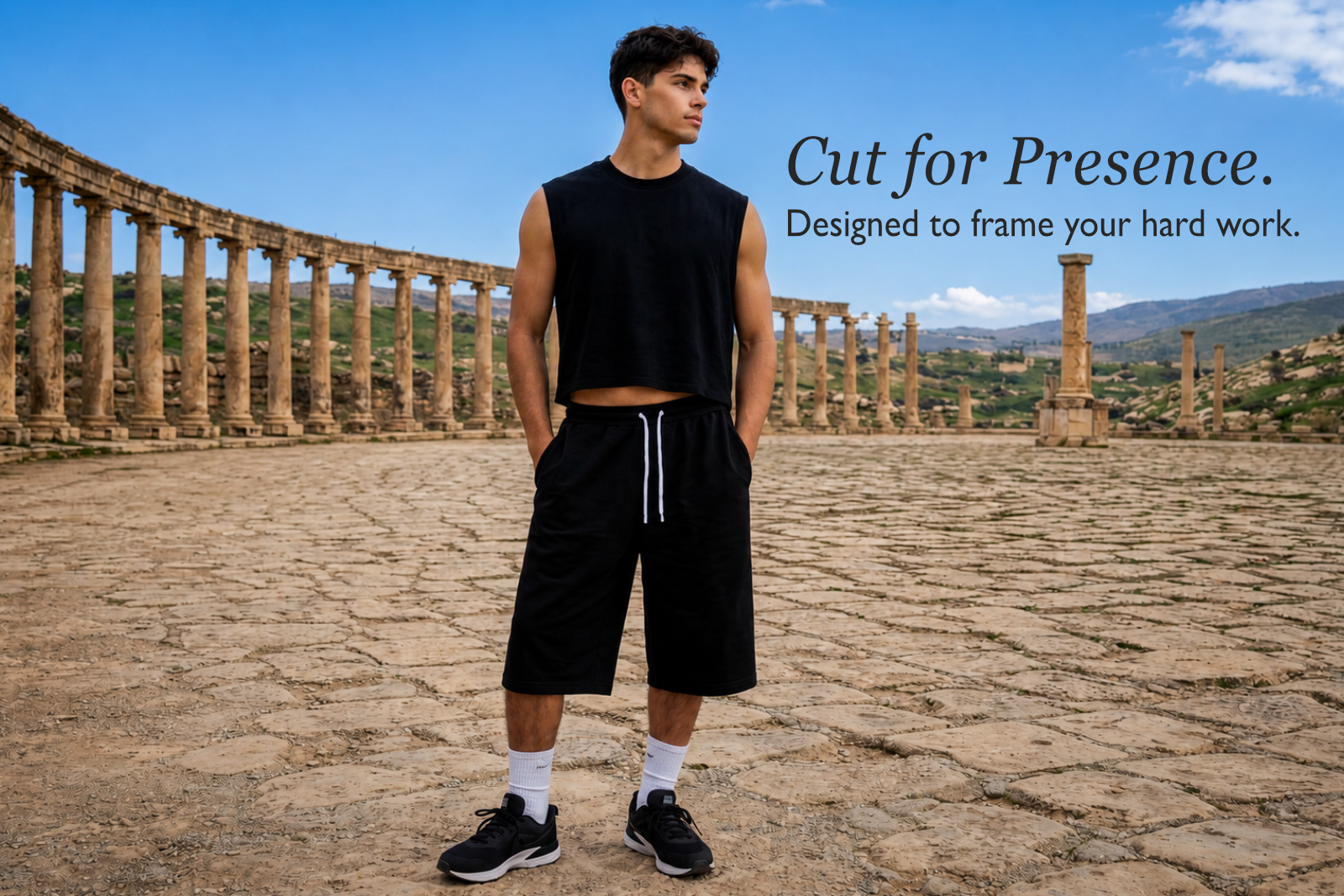 Man in black sleeveless shirt and shorts standing in an ancient ruin with text 'Cut for Presence'.
