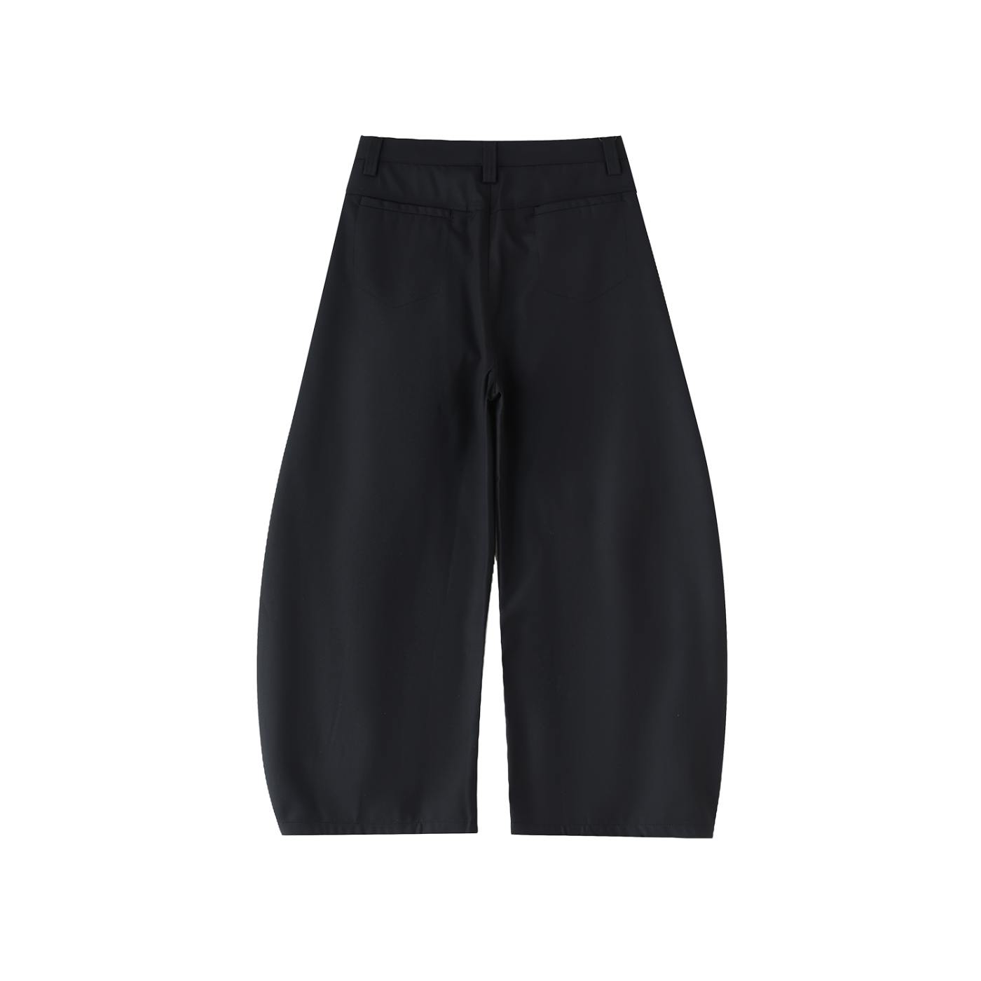 Flat lay of the black barrel pant front back-side - Future-Homme
