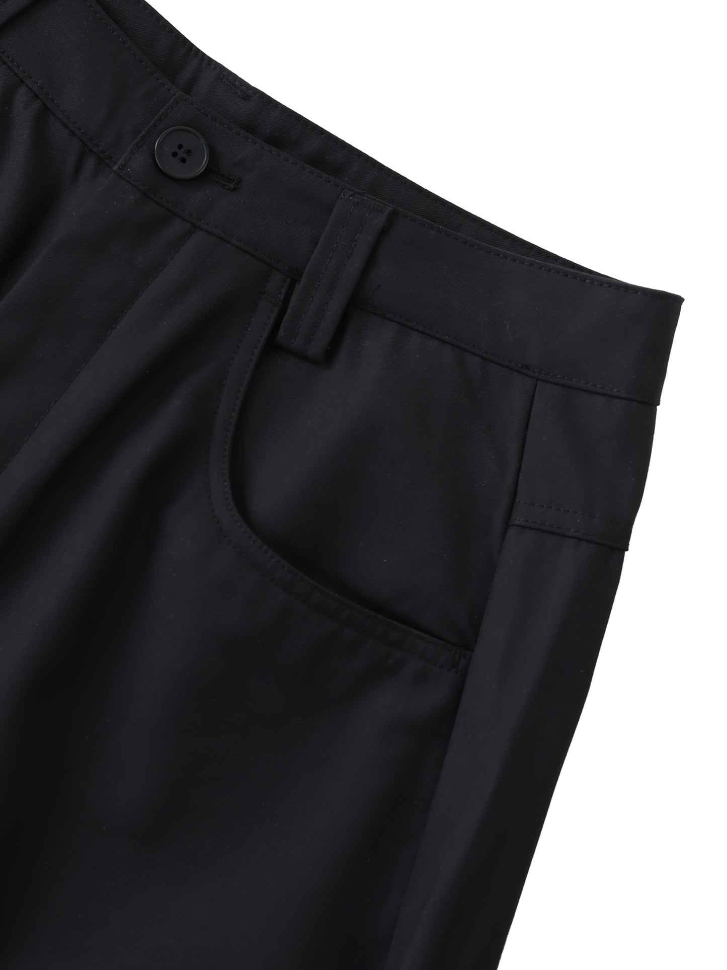 Flat lay of the black barrel pant front side-up-close left pocket - Future-Homme